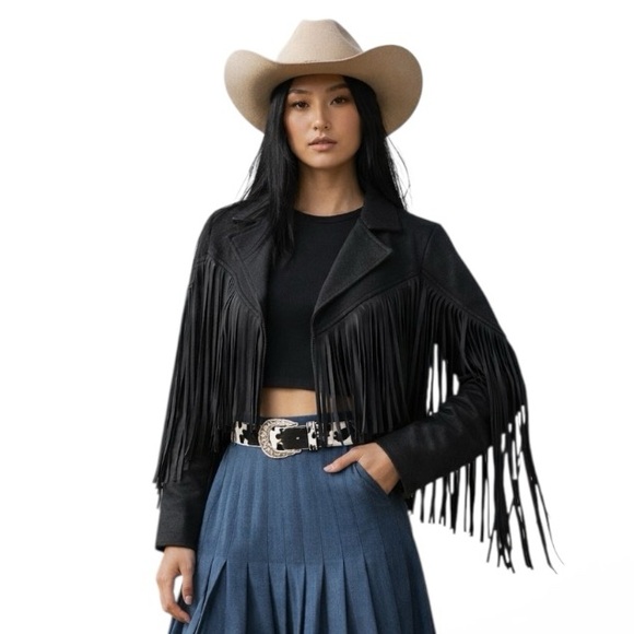 Black Faux Suede Cropped Fringe Jacket | Western Boho Festival | Women’s Medium - Picture 2 of 8